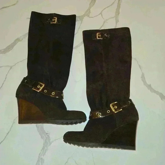Michael Kors Womens Wedge Suede Slouch Tall Chocolate Boots Size 9 - Picture 1 of 8